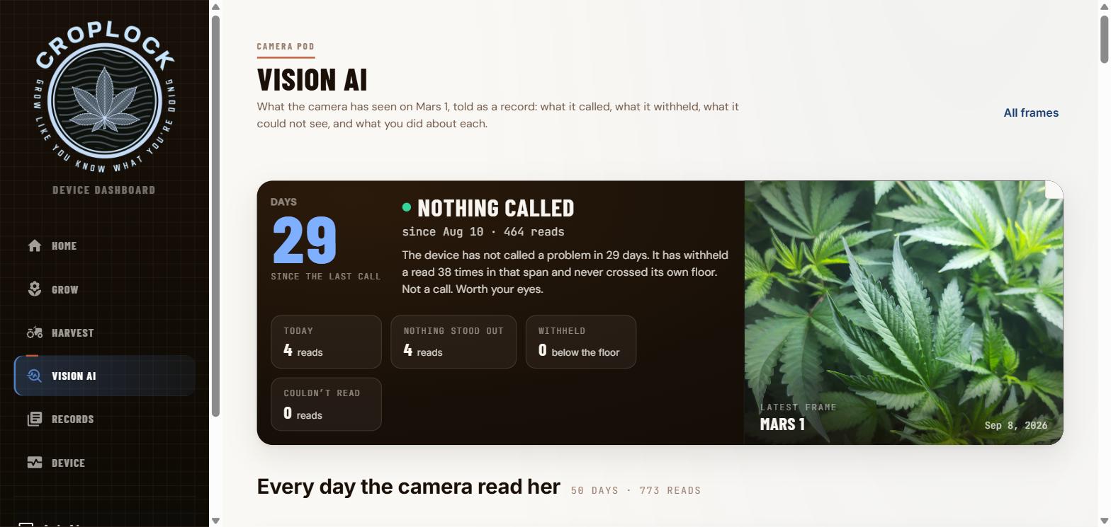 The Vision AI page header. A dark panel shows a large numeral 29 above the words SINCE THE LAST CALL, beside a heading reading NOTHING CALLED and the line since Aug 10, 464 reads. Four small tiles below give today's reads, reads where nothing stood out, reads withheld below the floor, and reads the camera could not read. At the right, the latest camera frame of a cannabis plant captioned Mars 1, Sep 8 2026.